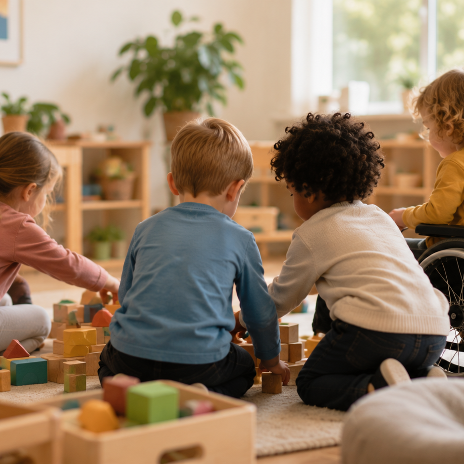 Inklusion in der Kinderbetreuung, Szene zeigt dies am Beispiel eine Grupe spielender Kinder, eines davon mit Beeinträchtigung.